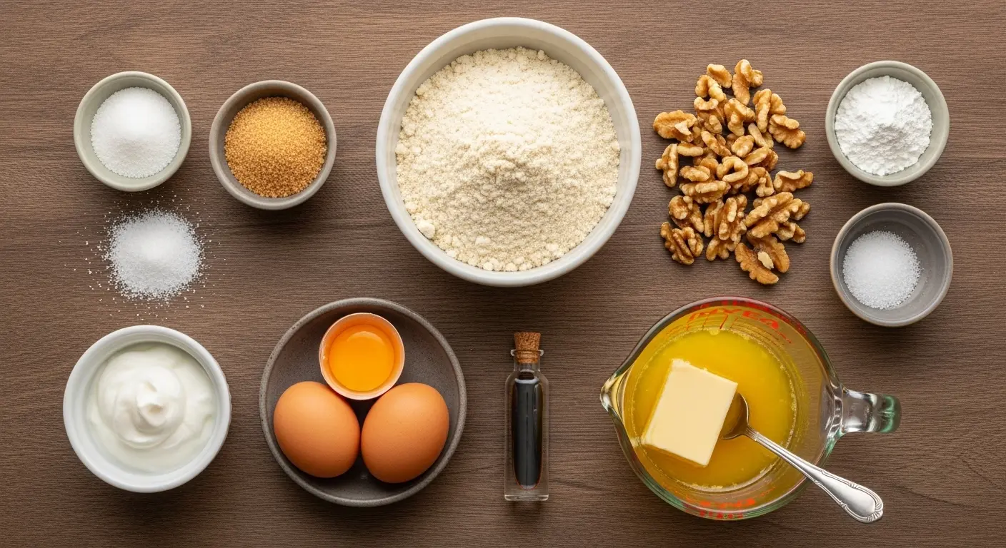 Almond flour, erythritol sweetener, eggs, Greek yogurt, melted butter, vanilla extract, and walnuts arranged neatly for sugar-free blondie recipe