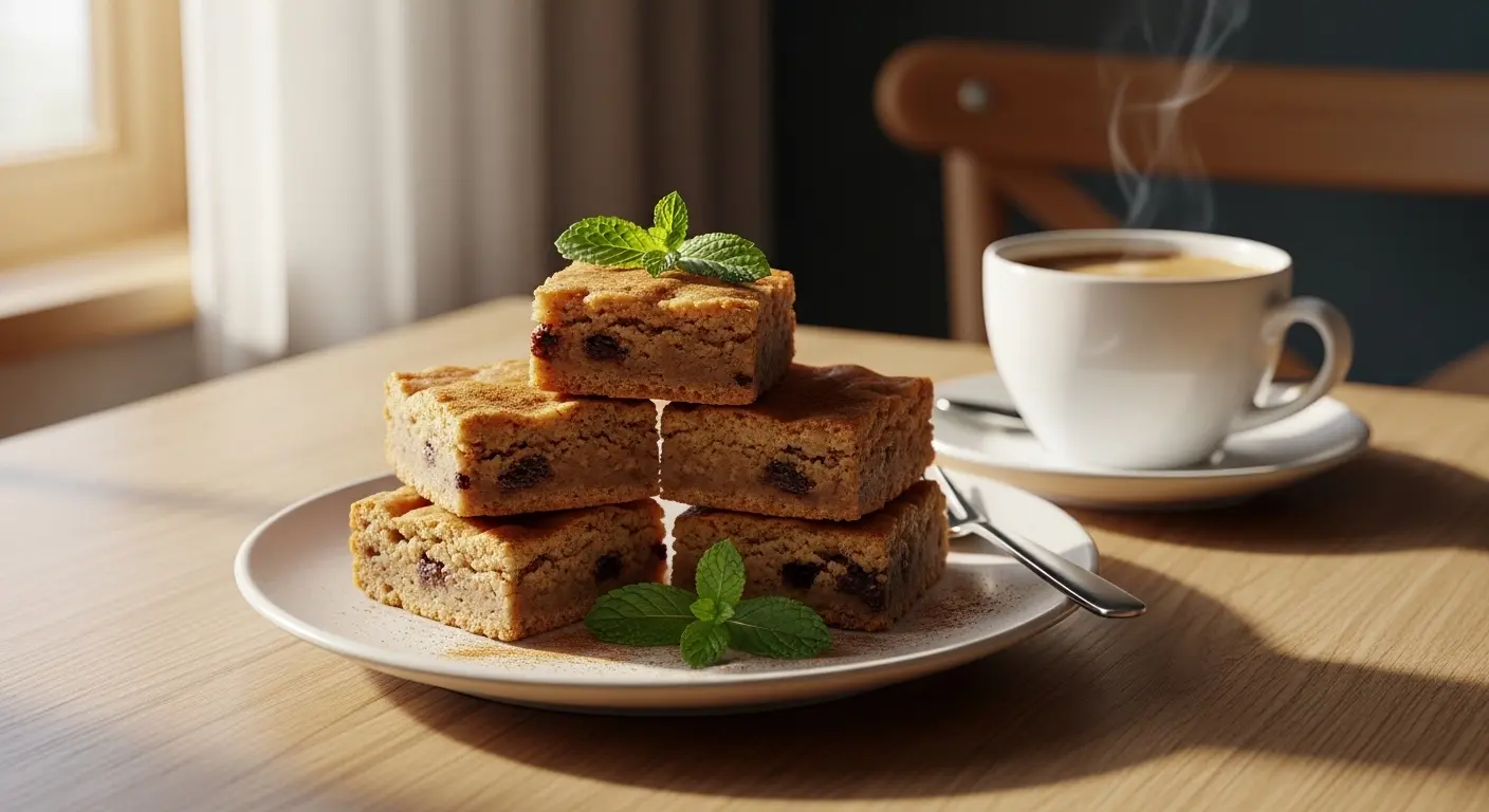Sugar-free blondie squares served on a ceramic plate with coffee and fresh mint garnish, elegant healthy dessert presentation
