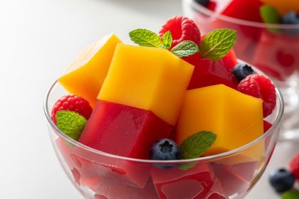 Colorful high-protein jello cubes made with fruit puree and collagen protein, served in glass bowls with fresh berries and mint garnish
