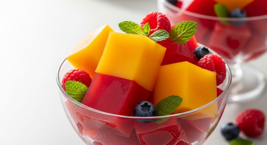 Colorful high-protein jello cubes made with fruit puree and collagen protein, served in glass bowls with fresh berries and mint garnish