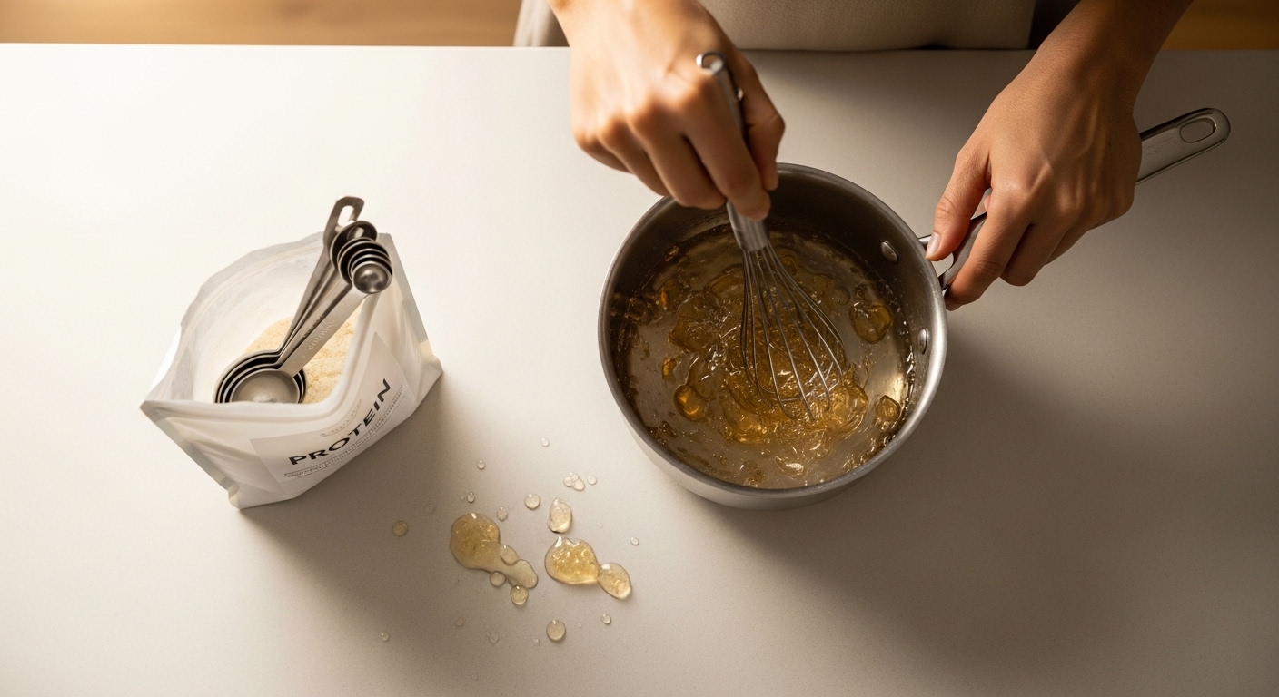 Hands whisking gelatin and whey protein mixture in saucepan during preparation of homemade high-protein jello