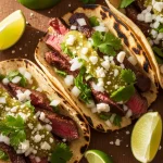 Authentic street style tacos with grilled beef, onion, cilantro and salsa served on corn tortillas with lime wedges