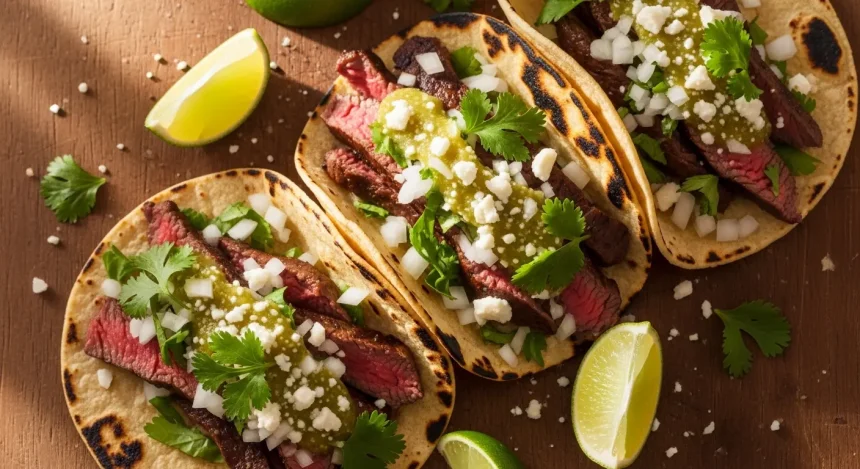 Authentic street style tacos with grilled beef, onion, cilantro and salsa served on corn tortillas with lime wedges