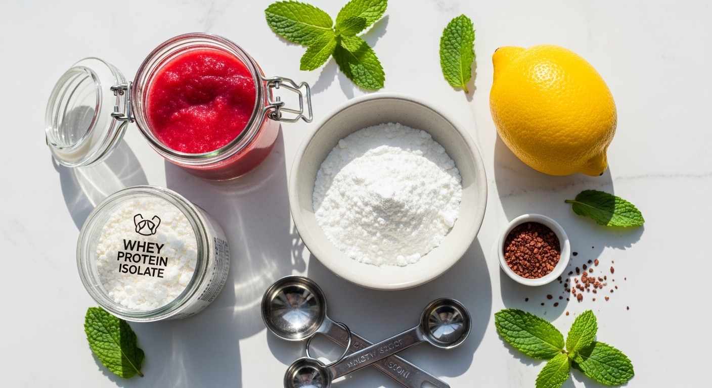 Gelatin powder, whey protein isolate, fruit puree, lemon juice, and sweetener arranged neatly for high-protein jello recipe