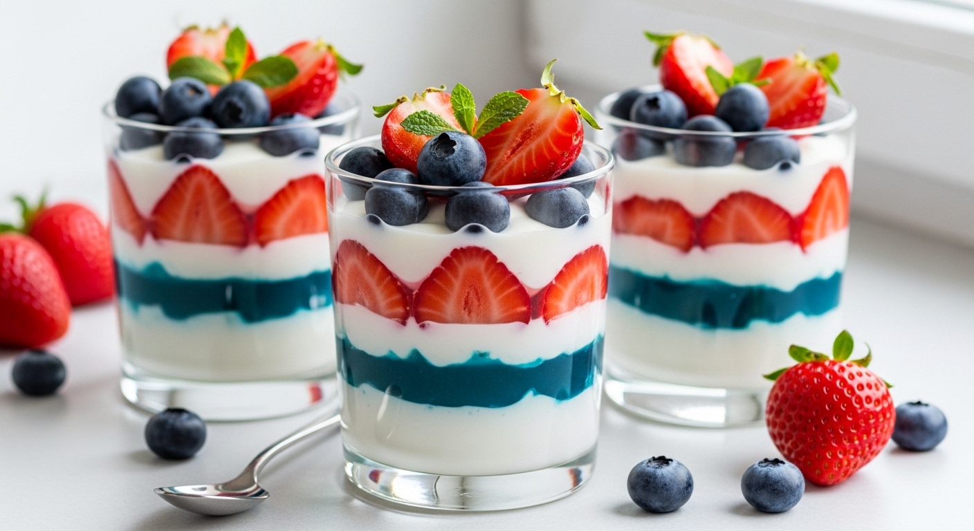 Layered high-protein jello parfait with fresh berries in transparent glass, healthy post-workout dessert presentation