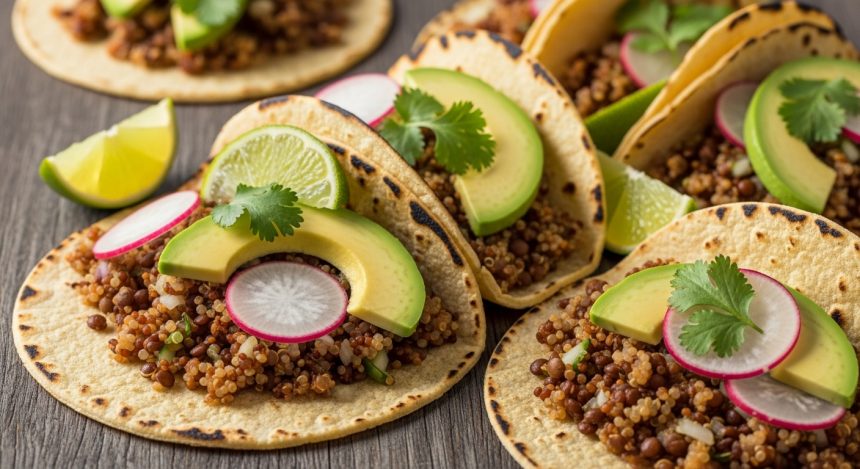 Quinoa lentil tacos filled with plant-based protein, topped with avocado, cilantro, and fresh vegetables on a rustic wooden table