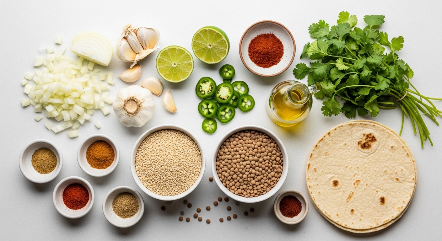 Quinoa, lentils, garlic, onion, spices, lime, cilantro, and tortillas arranged for healthy quinoa lentil taco recipe