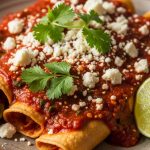 Queso fresco enchiladas topped with red enchilada sauce, cilantro, and crumbled cheese served on a rustic plate