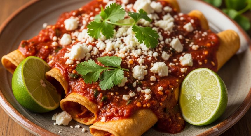 Queso fresco enchiladas topped with red enchilada sauce, cilantro, and crumbled cheese served on a rustic plate