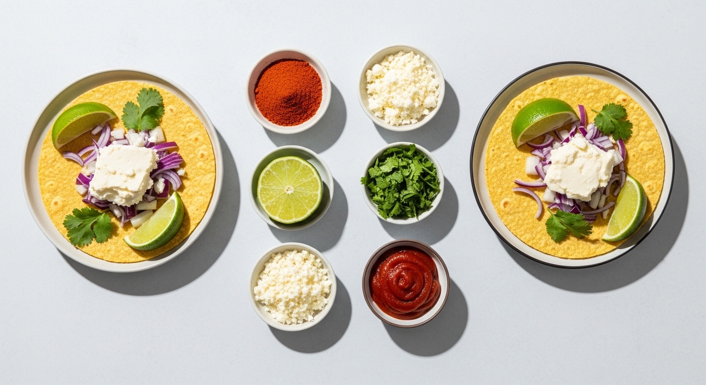 Corn tortillas, queso fresco cheese, chili spices, onion, cilantro, lime, and enchilada sauce ingredients arranged for cooking