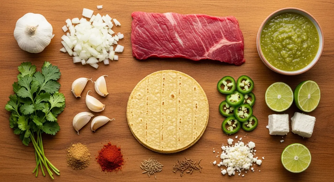 Ingredients for street style tacos including steak, tortillas, onion, cilantro, spices and lime arranged in flat lay
