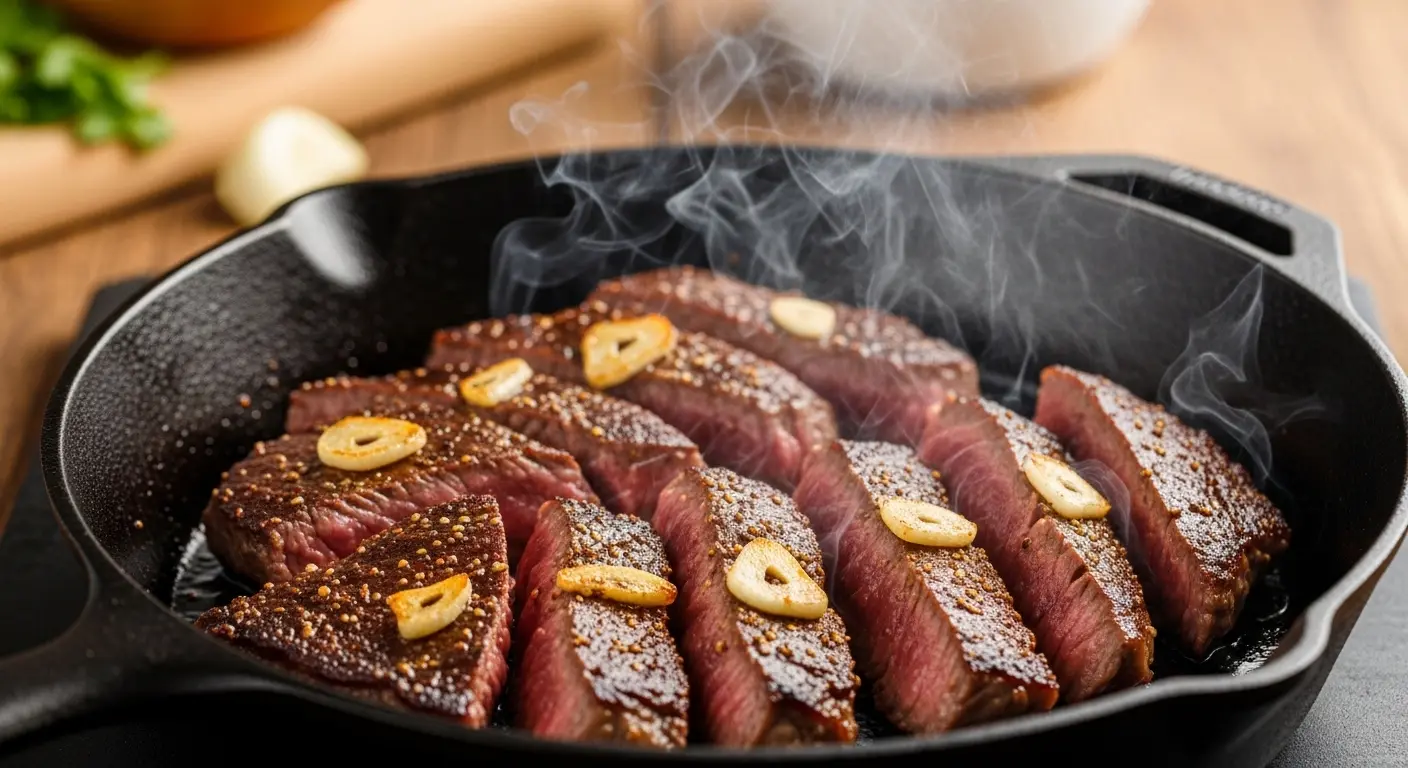 Close-up of marinated skirt steak searing in a hot cast iron skillet with spices and garlic, preparing authentic street style tacos