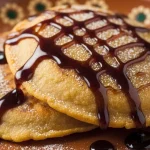 A stack of golden-brown sweet gorditas drizzled with rich piloncillo syrup and dusted with ground cinnamon and powdered sugar on a rustic clay plate.