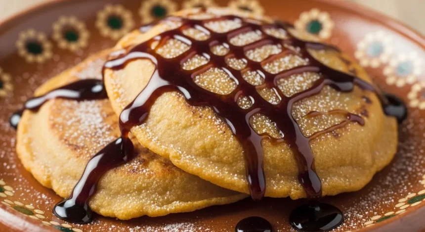 A stack of golden-brown sweet gorditas drizzled with rich piloncillo syrup and dusted with ground cinnamon and powdered sugar on a rustic clay plate.