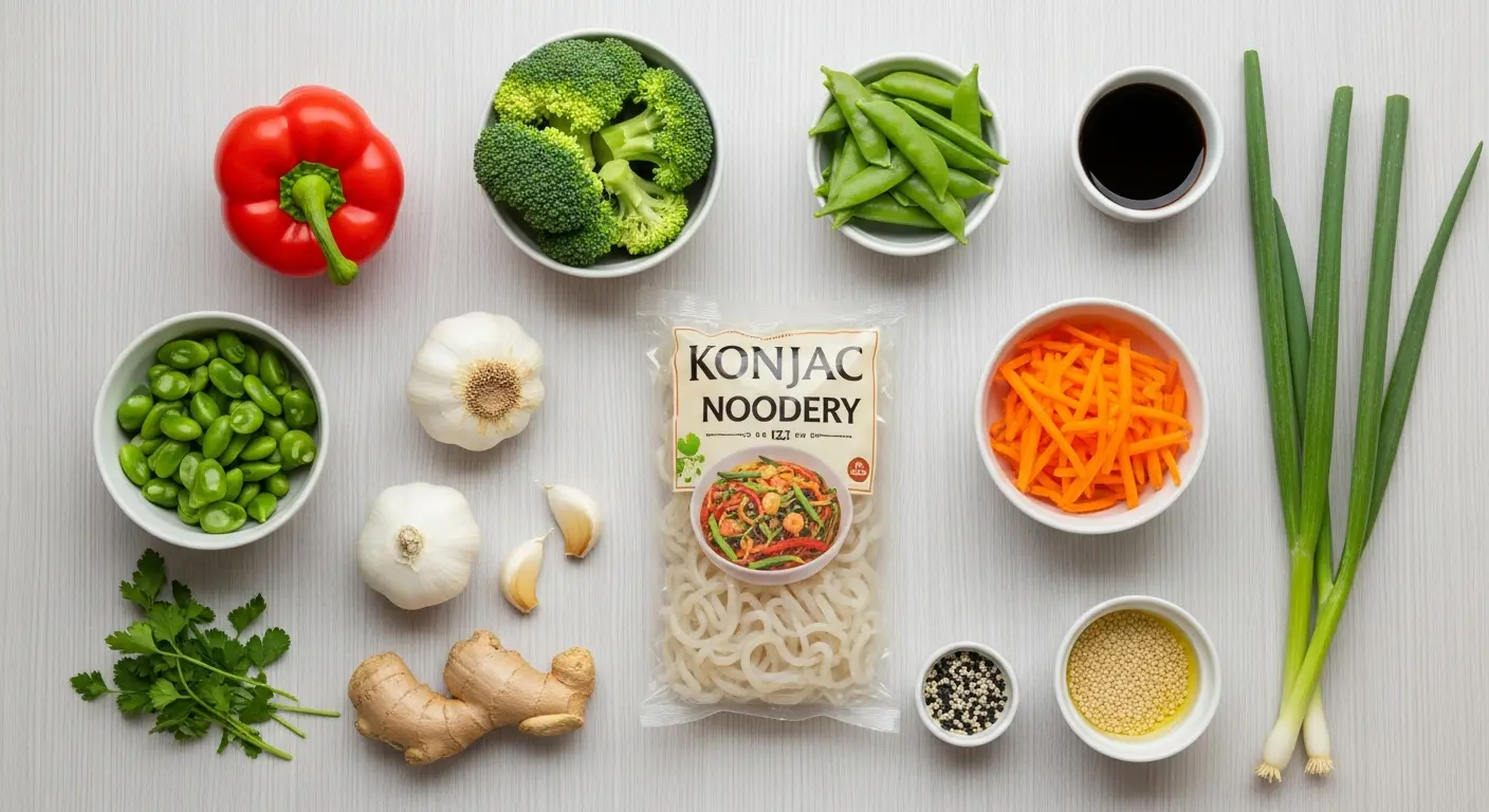 Ingredients for low-calorie konjac noodles stir-fry including konjac noodles, fresh vegetables, soy sauce and sesame oil arranged in a flat lay