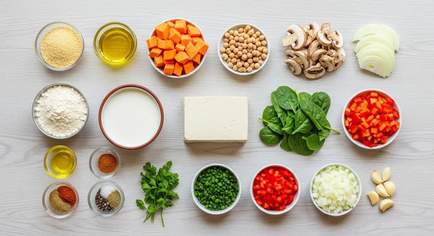 Ingredients for a hearty vegan breakfast casserole including tofu, sweet potatoes, vegetables, spices, and plant-based milk arranged in a flat lay