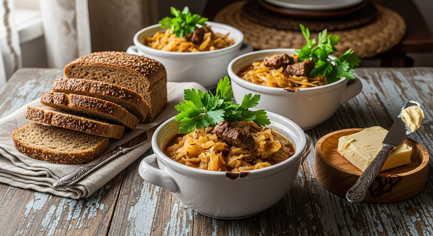 Polish Bigos hunter’s stew served with rye bread in a rustic table setting