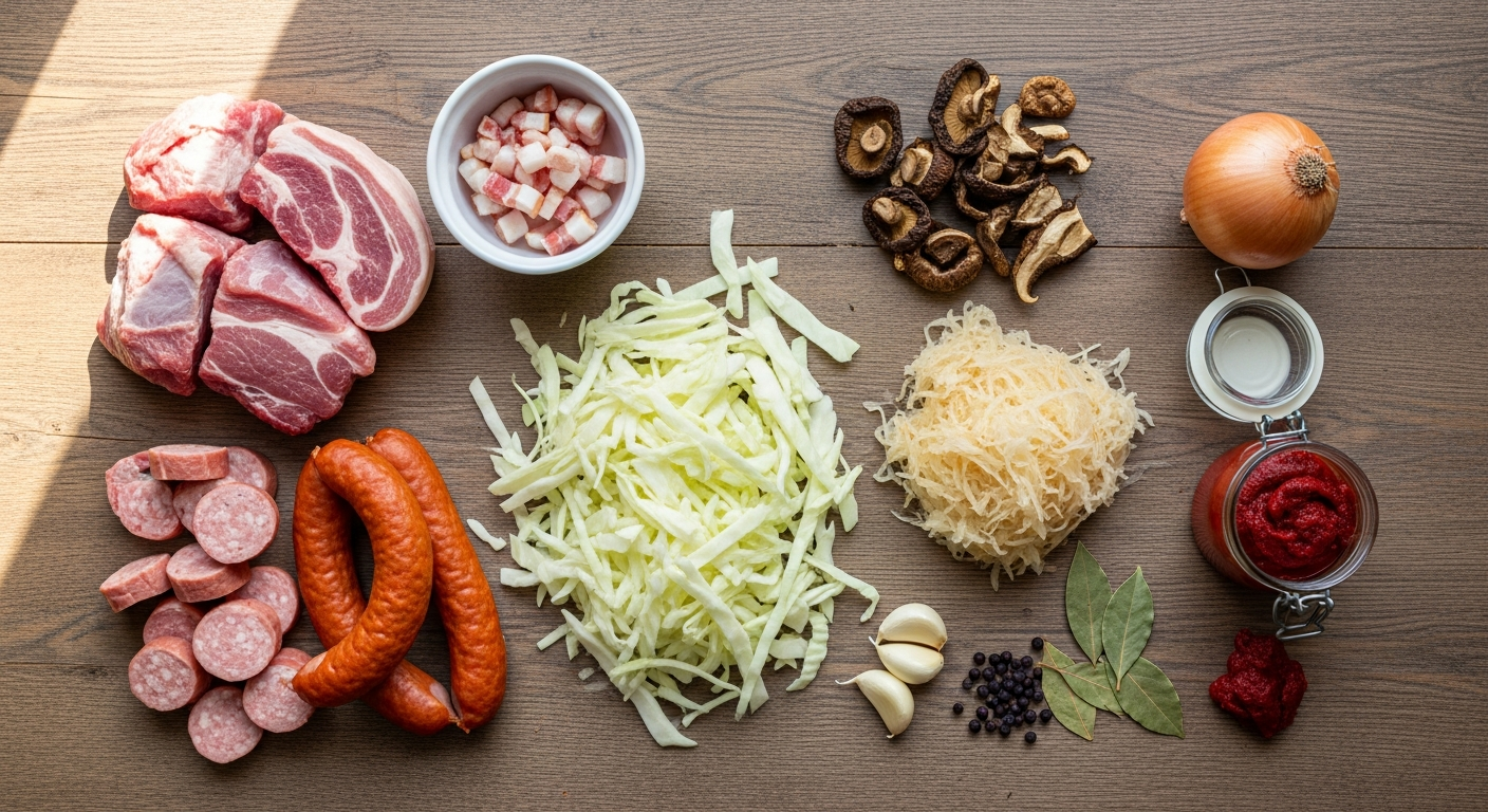 Ingredients for Polish Bigos including meat, sauerkraut, cabbage, mushrooms, and spices
