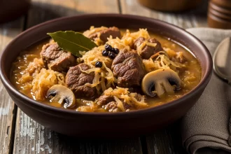 Traditional Polish Bigos hunter’s stew with meat, sauerkraut, and cabbage served in a rustic bowl