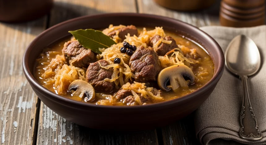 Traditional Polish Bigos hunter’s stew with meat, sauerkraut, and cabbage served in a rustic bowl