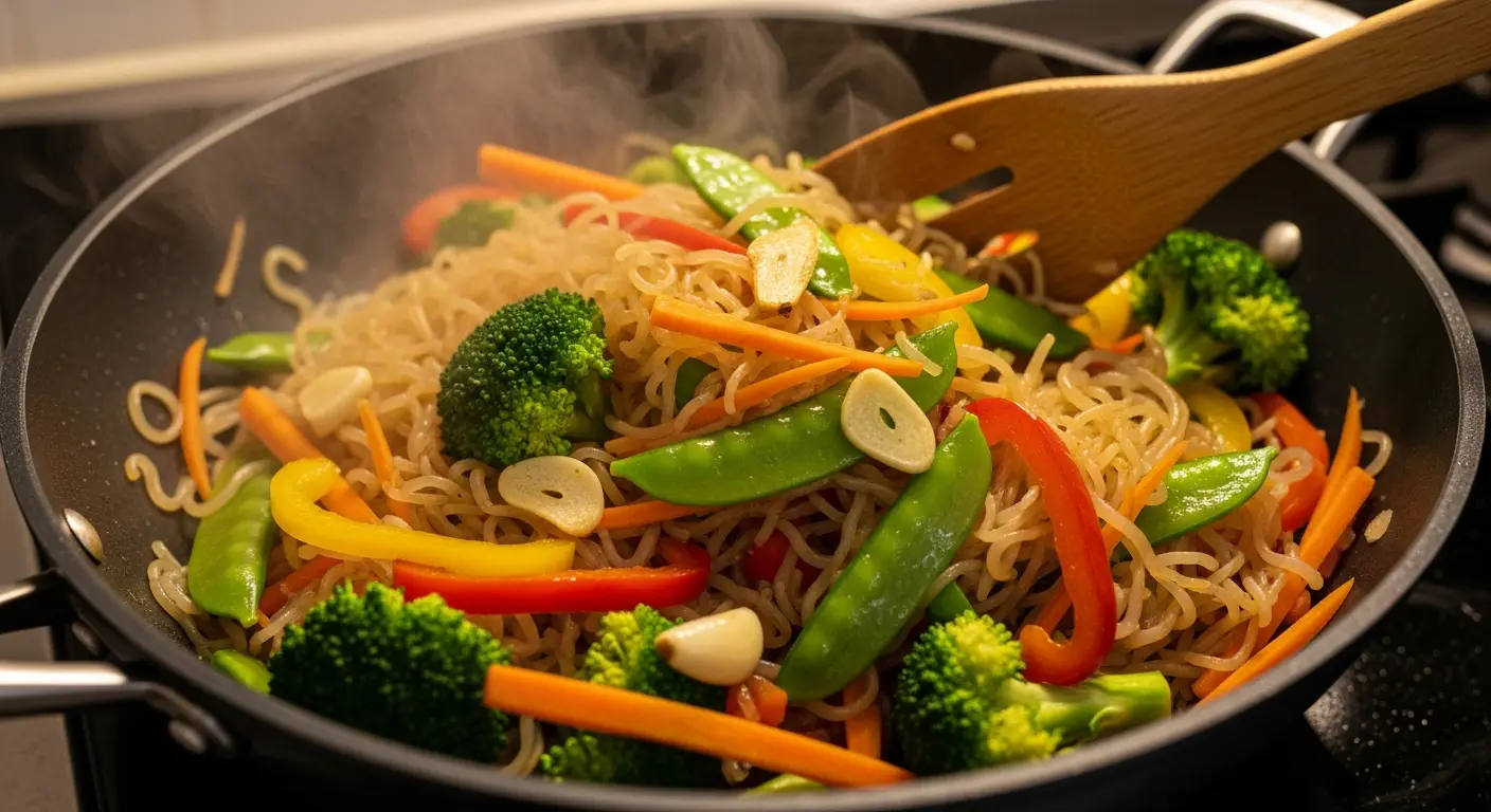 Konjac noodles stir-fry being cooked in a wok with fresh vegetables, garlic and ginger, healthy low-calorie Asian cooking in progress