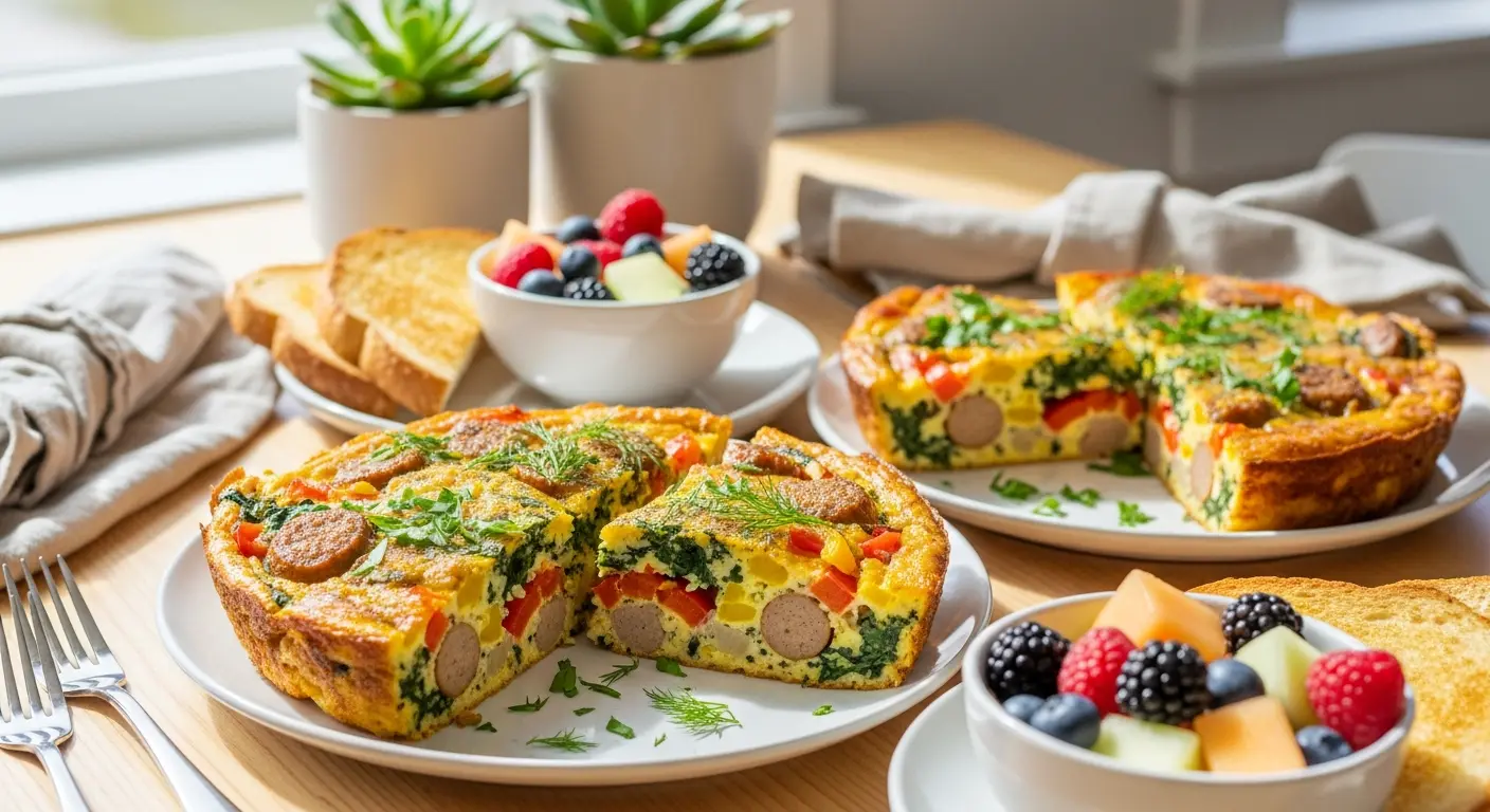 Slices of vegan breakfast casserole served on a brunch table with fresh herbs, wholesome plant-based breakfast for a healthy morning