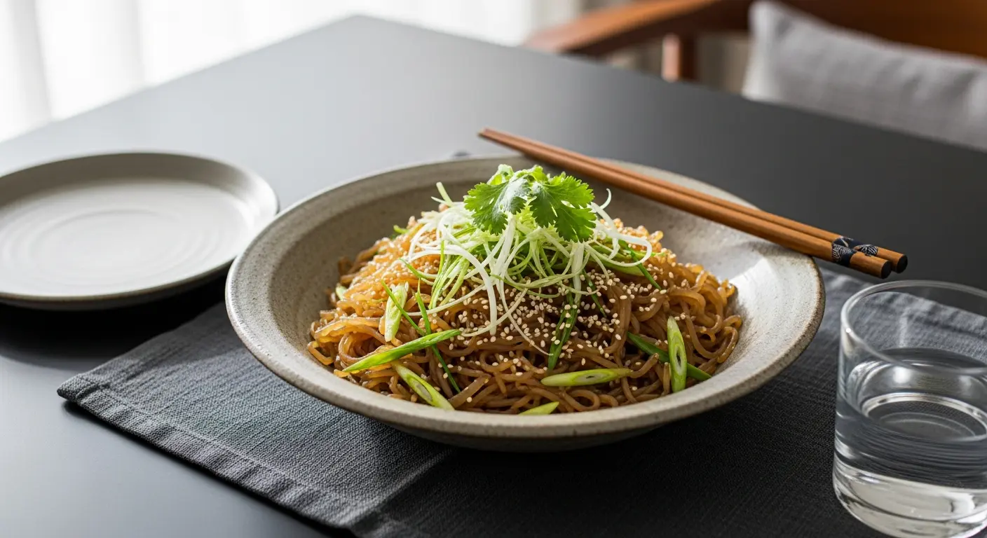 Konjac noodles stir-fry served on the table with chopsticks, healthy low-calorie dinner, colorful Asian-inspired noodle dish