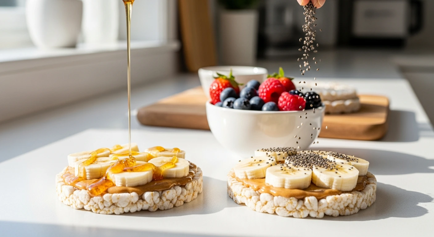 Preparing rice cakes with almond butter, banana slices, chia seeds, and fresh berries