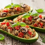 Dairy-free stuffed zucchini boats with quinoa, mushrooms, and fresh herbs