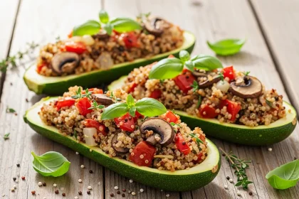 Dairy-free stuffed zucchini boats with quinoa, mushrooms, and fresh herbs