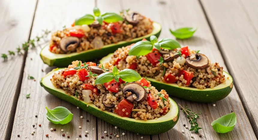 Dairy-free stuffed zucchini boats with quinoa, mushrooms, and fresh herbs