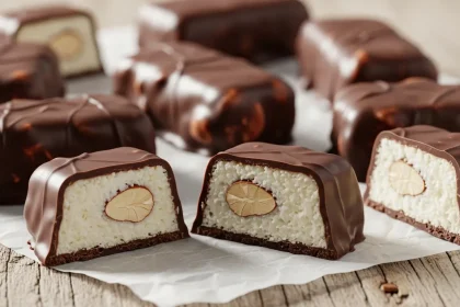 Sugar-free Almond Joy bars with coconut filling, almonds, and dark chocolate coating