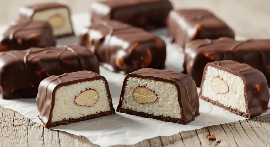 Sugar-free Almond Joy bars with coconut filling, almonds, and dark chocolate coating