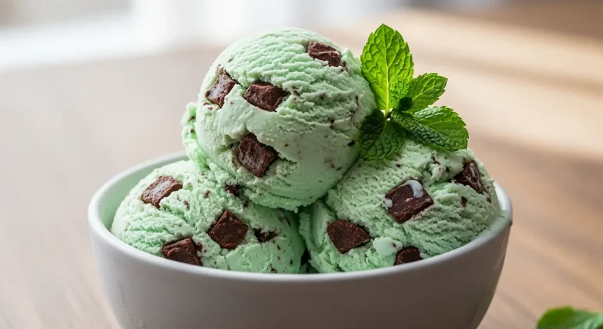 Creamy keto mint chocolate chip ice cream scoops with fresh mint garnish