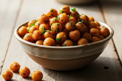 Golden crispy air fryer chickpeas in a rustic bowl, seasoned with smoked paprika and herbs