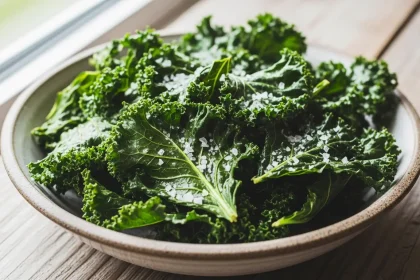 Crunchy paleo kale chips in a bowl, baked until crispy and lightly seasoned