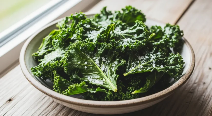 Crunchy paleo kale chips in a bowl, baked until crispy and lightly seasoned