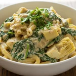 Gluten-free spinach and artichoke pasta in a creamy dairy-free sauce garnished with fresh parsley.