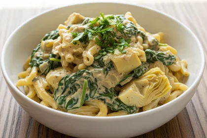 Gluten-free spinach and artichoke pasta in a creamy dairy-free sauce garnished with fresh parsley.