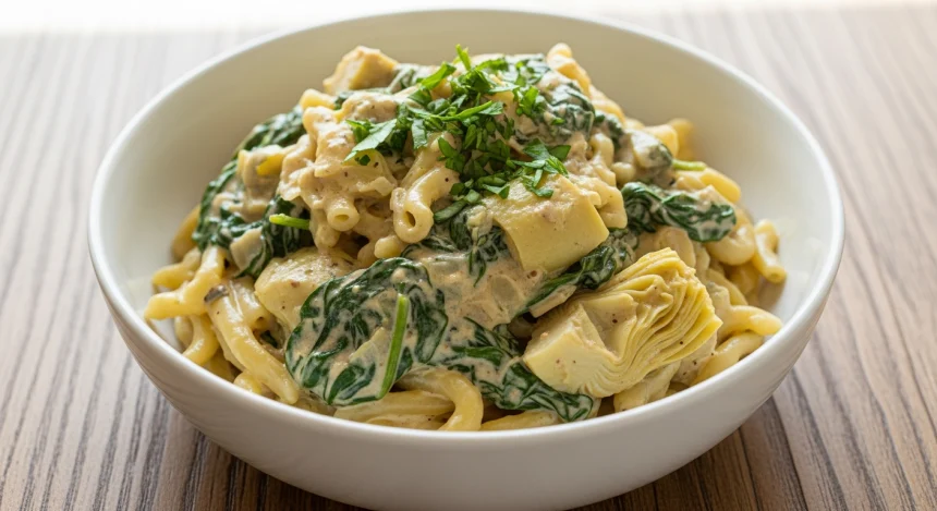 Gluten-free spinach and artichoke pasta in a creamy dairy-free sauce garnished with fresh parsley.