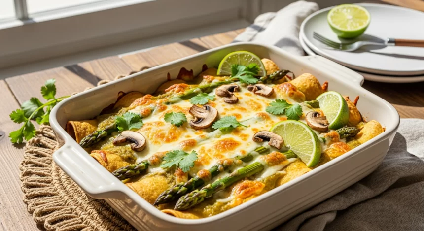 Spring asparagus and mushroom enchiladas baked with green sauce, melted cheese, and fresh cilantro.