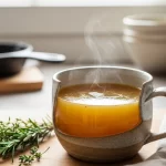 Golden paleo bone broth rich in collagen served warm in a rustic mug.