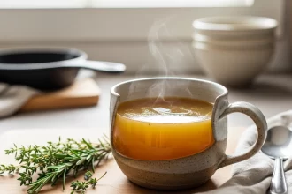 Golden paleo bone broth rich in collagen served warm in a rustic mug.
