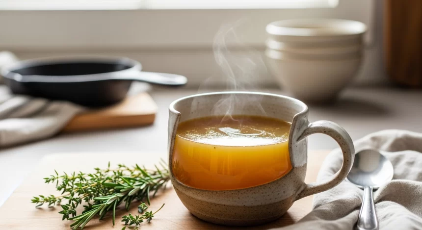 Golden paleo bone broth rich in collagen served warm in a rustic mug.