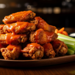 Gluten-free Buffalo style chicken wings with celery sticks and ranch dip.