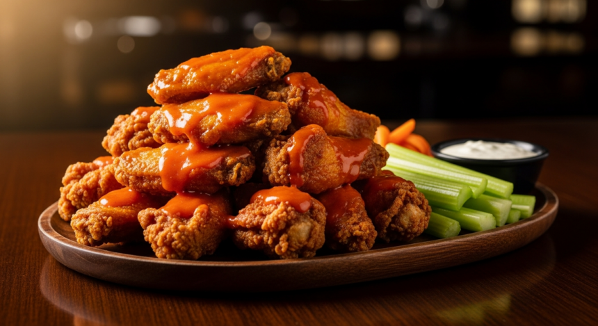 Gluten-free Buffalo style chicken wings with celery sticks and ranch dip.