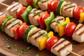 Grilled chicken and colorful vegetable skewers on a wooden platter, juicy and protein-packed.