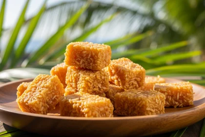 Chewy cocadas coconut candy served on a rustic plate with tropical decor and natural sunlight.