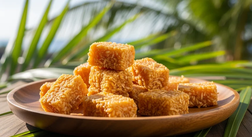 Chewy cocadas coconut candy served on a rustic plate with tropical decor and natural sunlight.