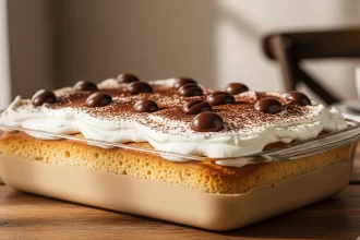 Coffee tres leches cake soaked in three milks with coffee, topped with whipped cream and cocoa powder.